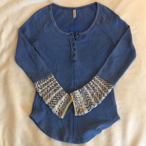 Blue Free People Henley 1/3 crocheted sleeves